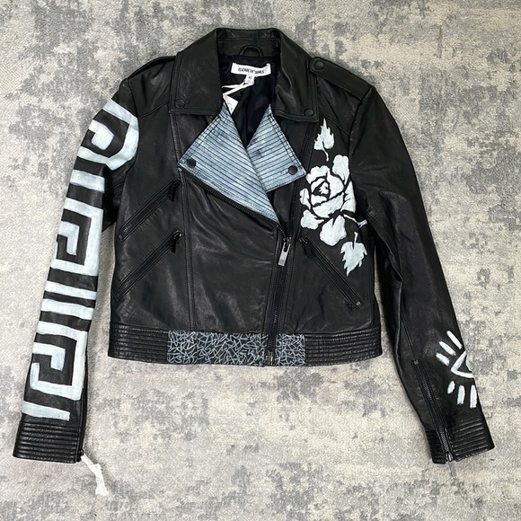 NWT Elizabeth and James Erwan Hand Painter Leather Biker Jacket Sz XS - Picture 2 of 16